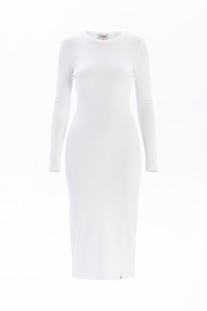 Biała prążkowana sukienka midi z długim rękawem