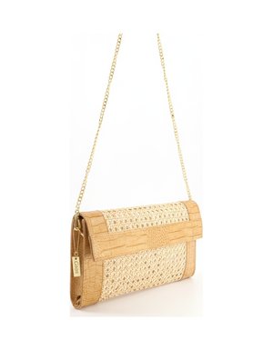 Beige Rattan & Croc-Embossed Clutch with Gold Chain