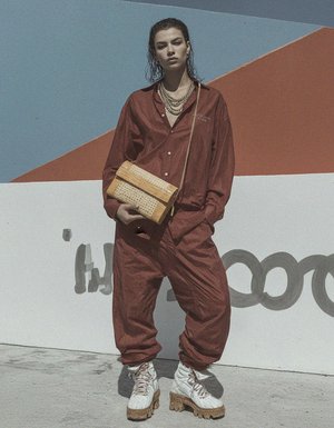Beige Rattan & Croc-Embossed Clutch with Gold Chain