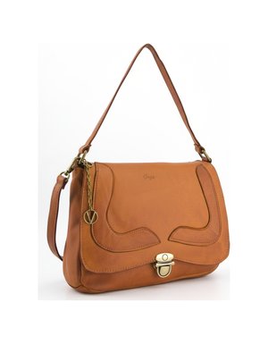 Tan Leather Flap Shoulder Bag with V Charm
