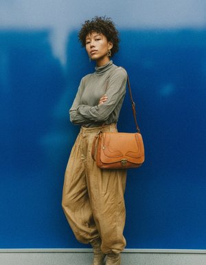 Tan Leather Flap Shoulder Bag with V Charm