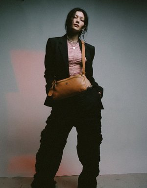 Brown Leather Shoulder Bag with Front Zip