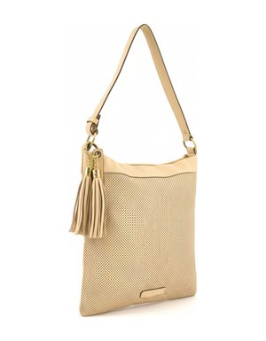 Beige Perforated Shoulder Bag with Tassel Charm