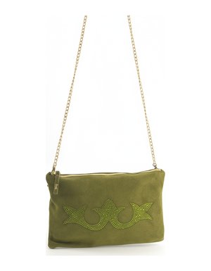 Green Suede Embellished Clutch with Gold Chain