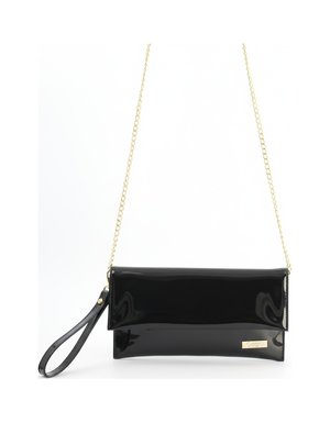 Elegant Black Patent Clutch Bag with Gold Chain Strap