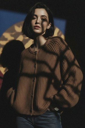 Brown Ribbed Knit Cardigan