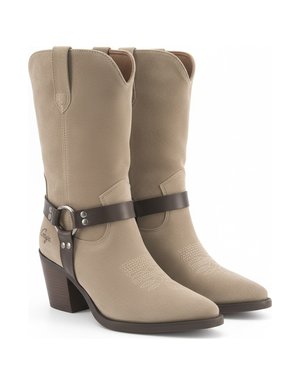 Beige Suede Western Style Boots with Block Heel
