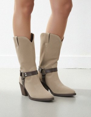 Beige Suede Western Style Boots with Block Heel