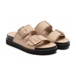 Beige Two-Strap Embellished Buckle Sandals