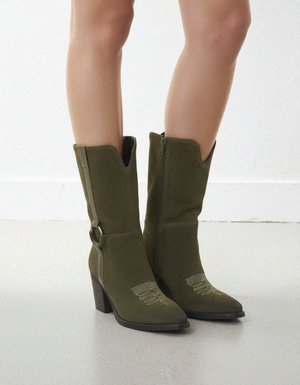 Green Suede Western Ankle Boots with Block Heel