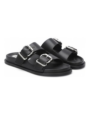 Black Double Buckle Slide Sandals