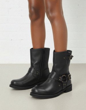 Black Leather Buckle Ankle Boots