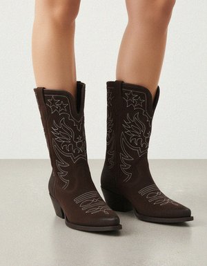 Brown Suede Western Boots with White Stitching