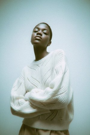 White Open-Knit Sweater with Voluminous Sleeves