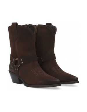 Dark Brown Suede Western Ankle Boots with Harness Detail