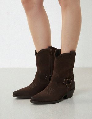 Dark Brown Suede Western Ankle Boots with Harness Detail