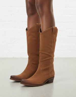 Brown Suede Western Knee-High Boots