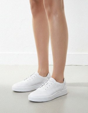White Perforated Leather Lace-Up Sneakers