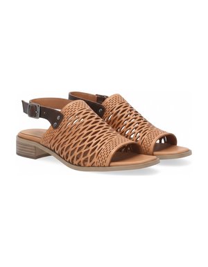 Brown Woven Pattern Ankle Strap Block Heel Sandal