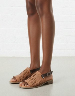 Brown Woven Pattern Ankle Strap Block Heel Sandal