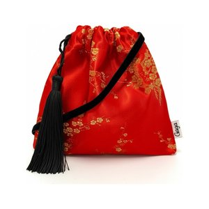 Red Floral Drawstring Bag with Black Tassel