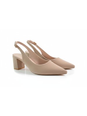 Beige Suede Pointed Toe Slingback Block Heels