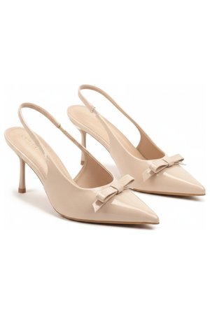 Beige Patent Slingback Pointed Toe Pumps with Bow