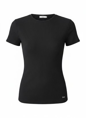 Czarny prążkowany dopasowany T-shirt z krótkim rękawem