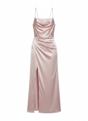 Elegancka różowa satynowa sukienka maxi z dekoltem typu cowl neck i rozcięciem