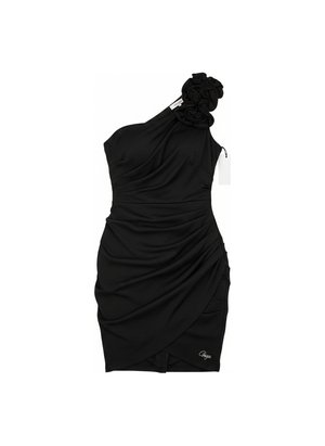 Elegancka czarna sukienka mini z marszczeniami na jednym ramieniu