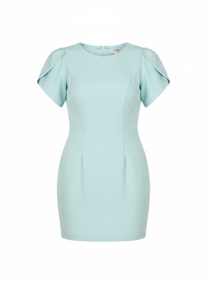 Elegancka miętowo-niebieska sukienka mini z usztywnianymi rękawami