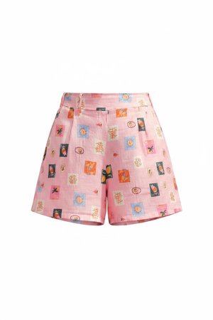 Pink Patterned Linen Blend Casual Shorts