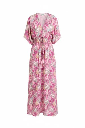 Różowa sukienka maxi z dekoltem w serek w stylu paisley