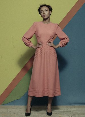 Dusty Rose Midi Dress with Long Sleeves