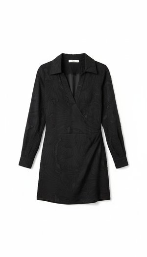 Black Textured Long Sleeve Mini Dress