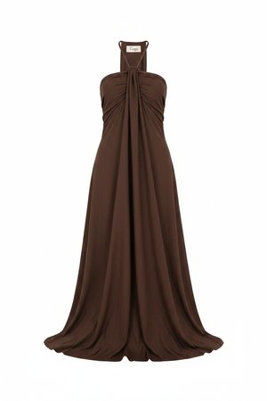 Luźna brązowa sukienka maxi z dekoltem halter