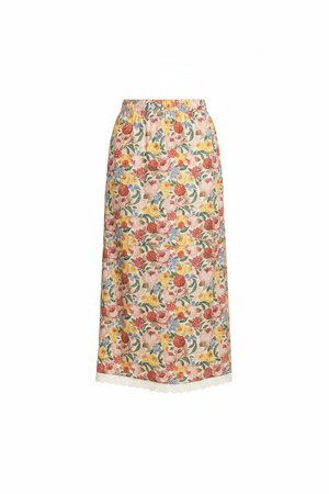 Floral Print Midi Skirt with Delicate Lace Hem