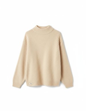 Beige Ribbed Knit Mock Neck Sweater