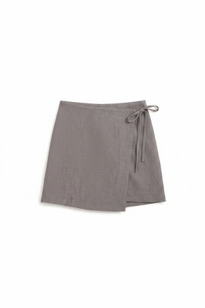 Grey Linen Blend Wrap Mini Skirt with Tie Detail