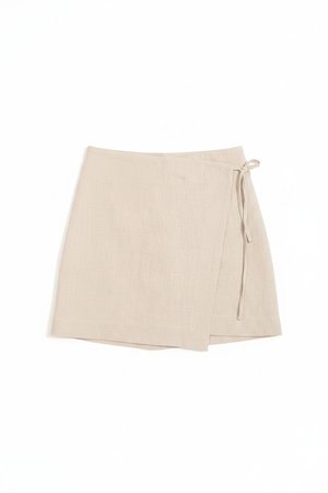 Beige Linen Blend Wrap Mini Skirt