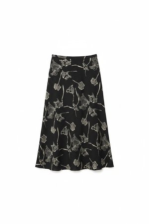 Black Floral Print Midi Skirt