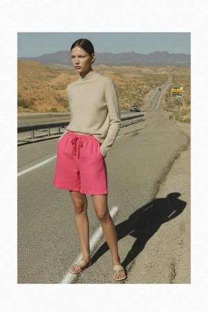 Relaxed Fit Cuffed Linen Shorts in Vibrant Pink