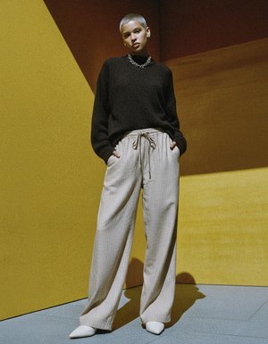 Relaxed Fit Beige Striped Wide-Leg Pants