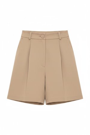 Pleated High-Waist Beige Tailored Shorts