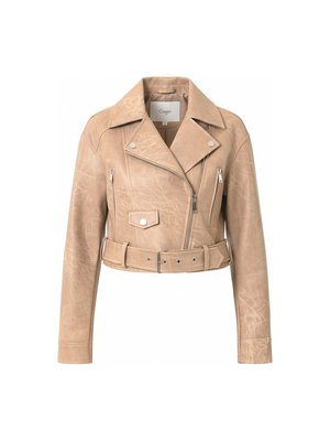 Beige Distressed Faux Leather Biker Jacket