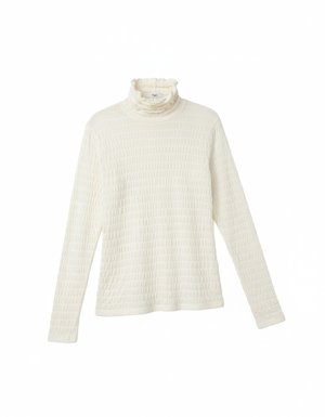 White Textured Ruffled Turtleneck Top