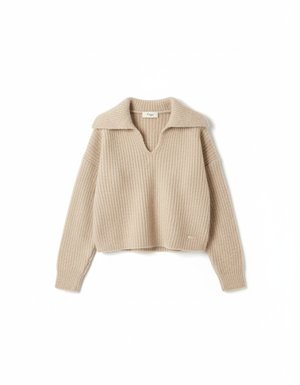 Beige Ribbed Knit Sweater with V-Neck Collar
