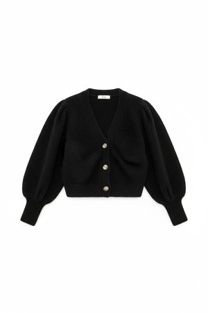 Cropped Black Cardigan with Puffed Sleeves