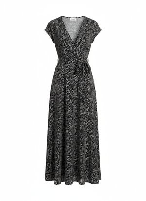 Dotted V-Neck Maxi Dress with Tie-Waist
