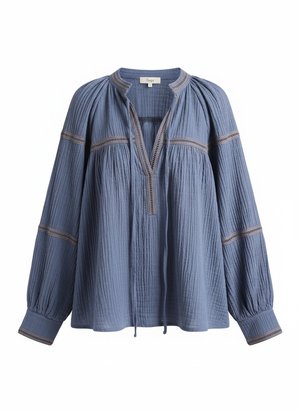 Textured Blue Blouse with Decorative Trim